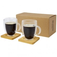  Manti 2-teiliger 350 ml doppelwandiger Glasbecher mit Bambusuntersetzer 